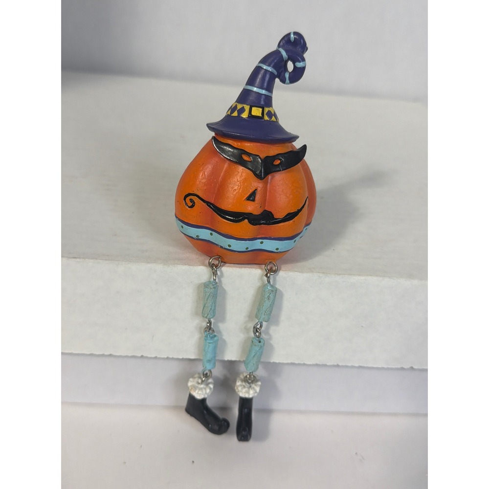 Halloween Pumpkin Shelf Sitter Figurine Wizard Hat Mask Dangle Legs Decor